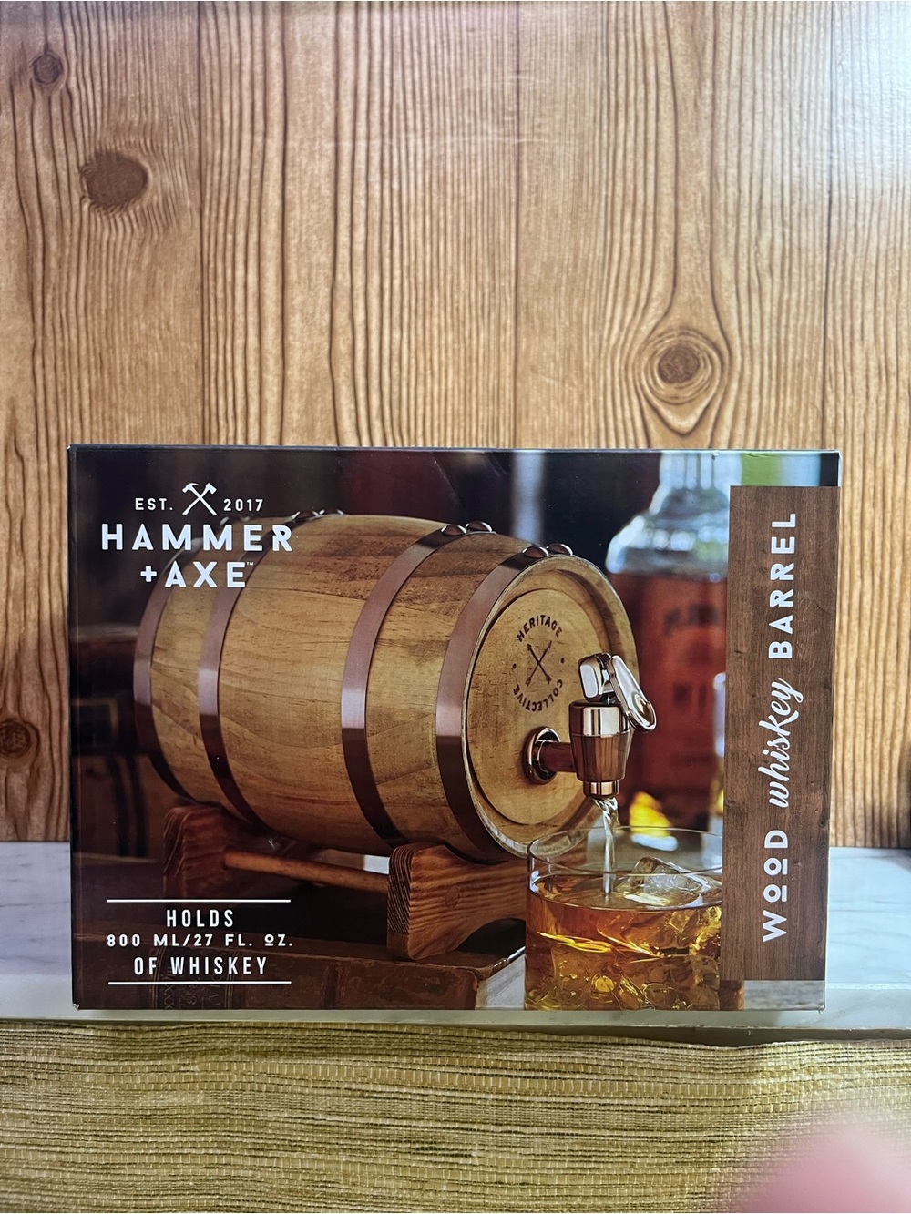 New Hammer + Axe Wood Whiskey Barrel in Brown Dispenser